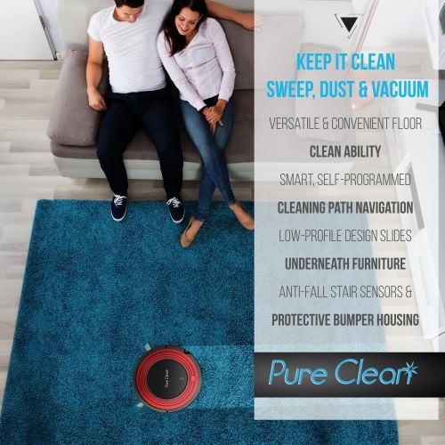  Pure Clean Automatic Robot Vacuum - Programmable Cleaner Robotic Auto Home for Clean Carpet Hardwood Floor w/ Self Activation and Charge Dock - HEPA Pet Hair & Allergies Friendly -