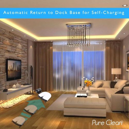  Pure Clean Robot Vacuum Cleaner - Low Profile Cleans Pet Hair Under Furniture - Automatic Robo Charge Dock - Thin Robotic Auto Home Sweeper Vac for Clean Tile, Carpet, Hardwood Flo