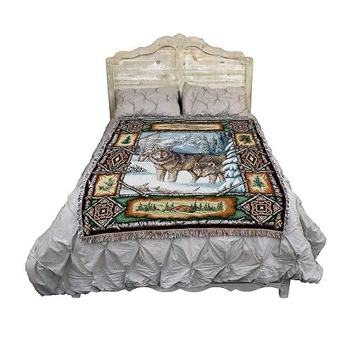  Pure Country Weavers Wolf Lodge Blanket - Wildlife Cabin Gift Tapestry Throw Woven from Cotton - Made in The USA (72x54)