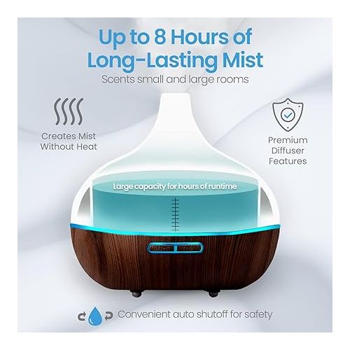  Ultimate Aromatherapy Diffuser & Essential Oil Set - Ultrasonic Diffuser & Top 10 Essential Oils - 300ml Diffuser with 4 Timer & 7 Ambient Light Settings - Therapeutic Grade Essential Oils Dark Oak