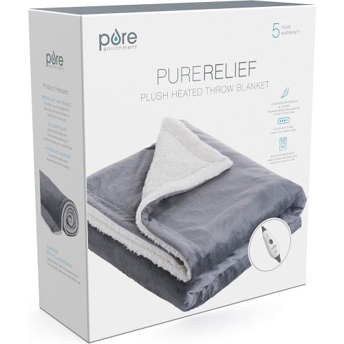  [아마존 핫딜]  [아마존핫딜]Pure Enrichment PureRelief Plush Heated Throw - Fast-Heating 50” x 60” Electric Blanket with 4 Heat Settings, Storage Bag and Soft, Machine-Washable Micromink and Sherpa for Cozy C