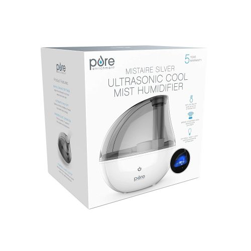  Pure Enrichment MistAire Silver Ultrasonic Cool Mist Humidifier - 1.5-Liter Water Tank, Whisper-Quiet Operation, Auto Safety Shut-Off and Night Light - Lasts Up to 25 Hours