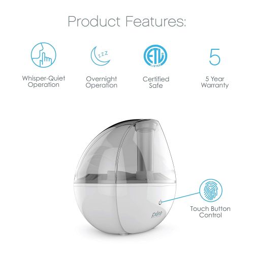  Pure Enrichment MistAire Silver Ultrasonic Cool Mist Humidifier - 1.5-Liter Water Tank, Whisper-Quiet Operation, Auto Safety Shut-Off and Night Light - Lasts Up to 25 Hours