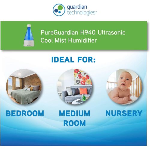  Guardian Technologies Pure Guardian H940 Ultrasonic Cool Mist Humidifier, 30 Hrs. Run Time, 0.5 Gal. Tank Capacity, 350 Sq. Ft. Coverage, Small Rooms, Quiet, Filter Free, Silver Cl