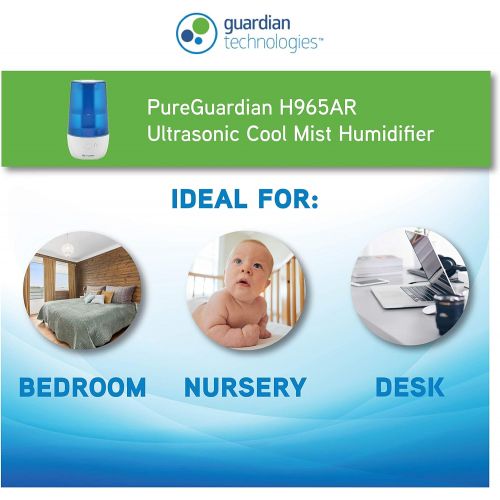  Guardian Technologies Pure Guardian H965AR Ultrasonic Cool Mist Humidifier, 70 Hrs. Run Time, 1 Gal. Tank Capacity, 320 Sq. Ft. Coverage, Small Rooms, Filter Free, Silver Clean Treated Tank, Includes Es