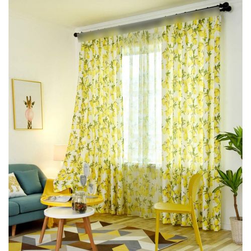  [아마존베스트]pureaqu Yellow Lemon Pattern Printed Semi Blackout Curtains 63 Inches Length for Living Room Curtain Draperies for Bedroom Grommet Top Window Panels for Kids Room 1 Panel W39 x L63