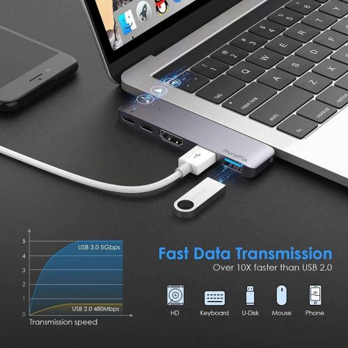  Purefix USB C Hub, Fastest 40Gbs Type-C 5 in 1 Multi-Port Hub Adapter for MacBook Pro 13  15 with Thunderbolt 3, Pass-Through Charging, 2 USB 3.1 Ports and 4K HDMI Out (Silver)