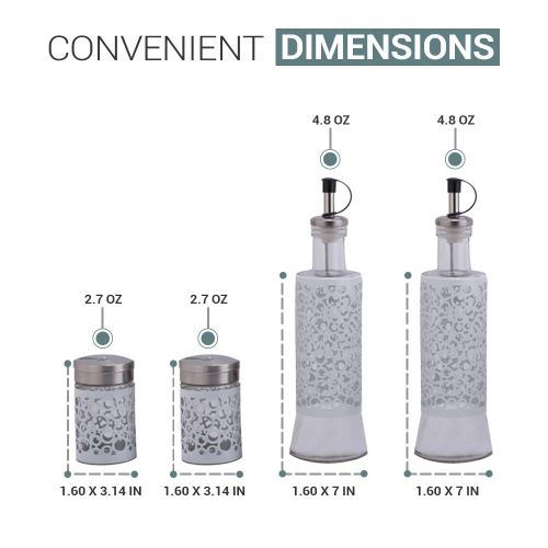  Purelife Salt and Pepper Shakers & Vinegar and Olive Oil Dispensers for the Kitchen - Airtight Glass Condiment Jars & Refillable Bottles - Covered in Protective Metal & Stainless Steel (Whi