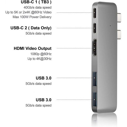  Purgo USB C Hub Adapter Dongle for MacBook Air 2018, MacBook Pro 201820172016, Ultra Slim Type C Hub with 4K HDMI, 100W Power Delivery, 40Gbps Thunderbolt 3 5K@60Hz and 2xUSB 3.0