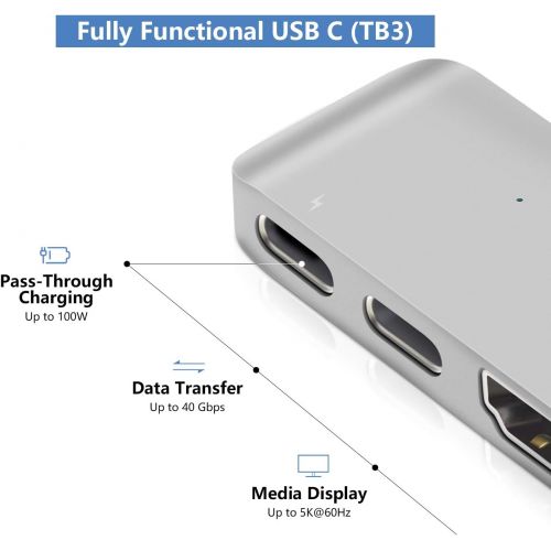  Purgo USB C Hub Adapter Dongle for MacBook Air 2018, MacBook Pro 201820172016, Ultra Slim Type C Hub with 4K HDMI, 100W Power Delivery, 40Gbps Thunderbolt 3 5K@60Hz and 2xUSB 3.0