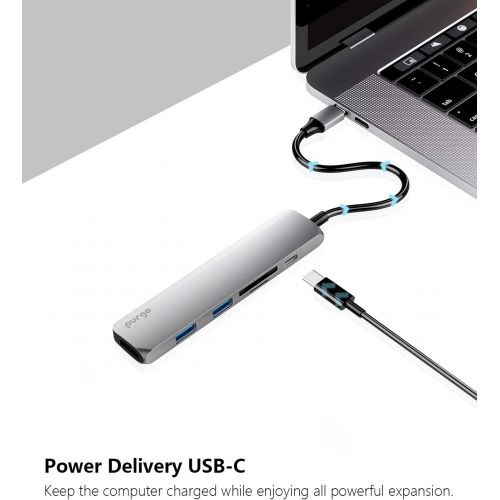  Purgo USB C Hub Adapter Dongle for MacBook Air 2018, MacBook Pro 201820172016, Ultra Slim Type C Hub with 4K HDMI, 100W Power Delivery, 40Gbps Thunderbolt 3 5K@60Hz and 2xUSB 3.0