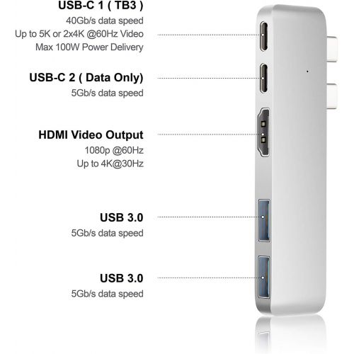  Purgo USB C Hub Adapter Dongle for MacBook Air 2018, MacBook Pro 201820172016, Ultra Slim Type C Hub with 4K HDMI, 100W Power Delivery, 40Gbps Thunderbolt 3 5K@60Hz and 2xUSB 3.0