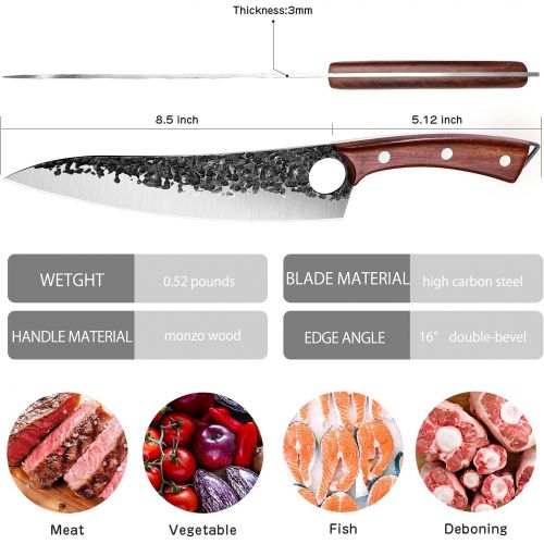  PURPLE DRAGON Hand Forged Kitchen Knife 8 Inch Meat Butcher Full Tang Chef Knives High Carbon Steel Sharp Meat Cleaver Boning Knife with Gift Box for Slicing Fish Cutting Meat BBQ