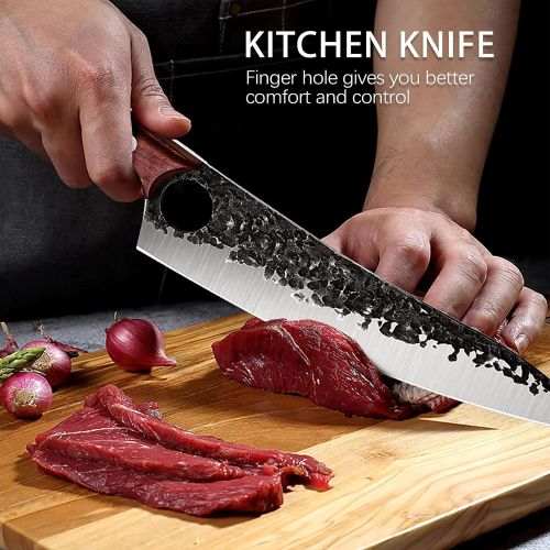  PURPLE DRAGON Hand Forged Kitchen Knife 8 Inch Meat Butcher Full Tang Chef Knives High Carbon Steel Sharp Meat Cleaver Boning Knife with Gift Box for Slicing Fish Cutting Meat BBQ