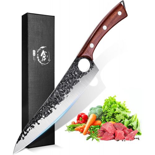  PURPLE DRAGON Hand Forged Kitchen Knife 8 Inch Meat Butcher Full Tang Chef Knives High Carbon Steel Sharp Meat Cleaver Boning Knife with Gift Box for Slicing Fish Cutting Meat BBQ