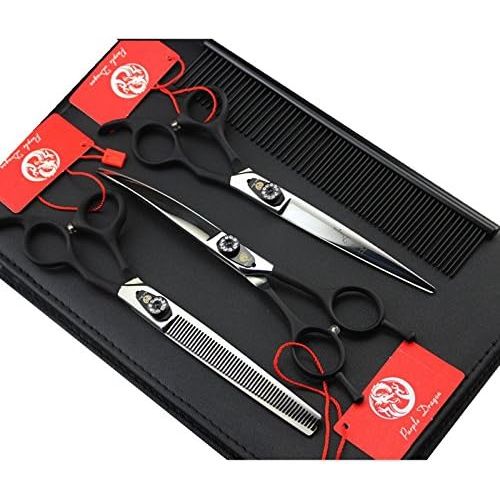  Purple Dragon 7.0 3 in 1 Black Top-level Professional Pet Grooming Thinning Scissors - Downward Curved Shears and Dog Hair Cutting Scissor - Pet Groomer or Family DIY Use