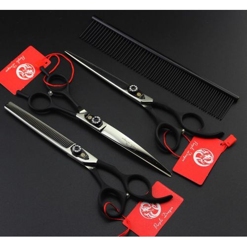  Purple Dragon 7.0 3 in 1 Black Top-level Professional Pet Grooming Thinning Scissors - Downward Curved Shears and Dog Hair Cutting Scissor - Pet Groomer or Family DIY Use