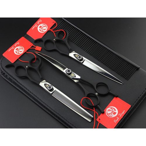  Purple Dragon 7.0 3 in 1 Black Top-level Professional Pet Grooming Thinning Scissors - Downward Curved Shears and Dog Hair Cutting Scissor - Pet Groomer or Family DIY Use