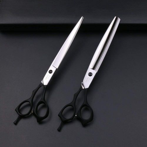  Purple Dragon 8.0 inch Black Cutting& Chunker Pet Grooming Stainless Steel Scissors with Comb Dog Hair Cutting and Thinning Shears Kit with Comb Dog Grooming for Pet Groomer 5pcs