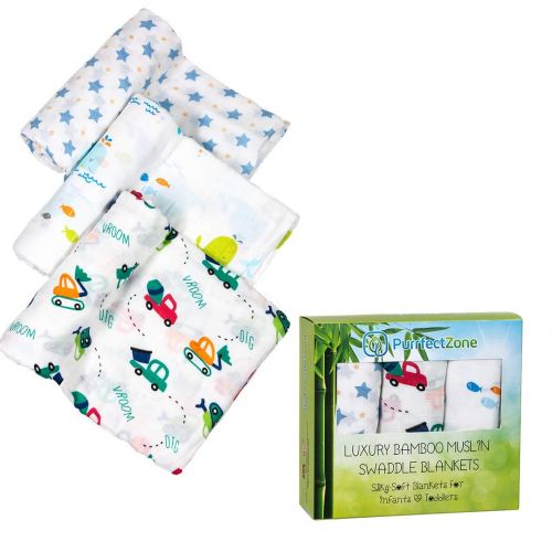  Purrfectzone PurrfectZone Silky Soft Large Bamboo Muslin Swaddle Blankets (Boys, Car)