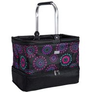Pursetti Farmers Market Tote Carry Basket with Insulated Cooler Compartment, Metal Handle, Collapsible Design, Reusable Bag for Groceries, Picnic (Purple Circle)