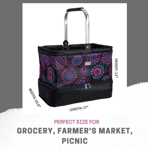  Pursetti Farmers Market Tote Carry Basket with Insulated Cooler Compartment, Metal Handle, Collapsible Design, Reusable Bag for Groceries, Picnic (Purple Circle)
