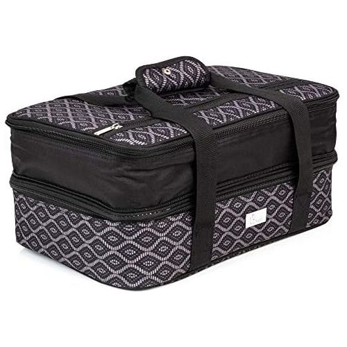  Pursetti Casserole Carrier - Expandable Insulated Bag Perfect as Lasagna & Pie Carrier for Potluck, Family and Holiday Parties (Black Trellis w/Black Accent)