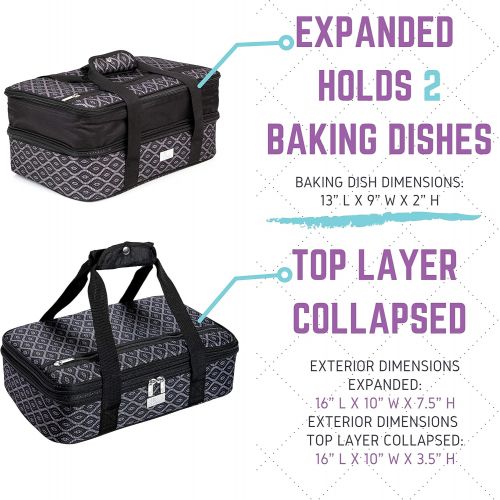  Pursetti Casserole Carrier - Expandable Insulated Bag Perfect as Lasagna & Pie Carrier for Potluck, Family and Holiday Parties (Black Trellis w/Black Accent)