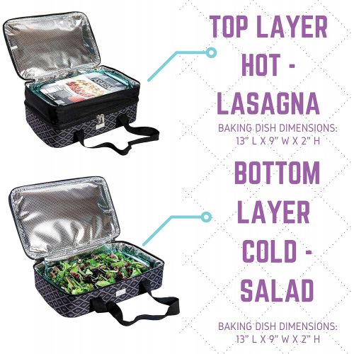  Pursetti Casserole Carrier - Expandable Insulated Bag Perfect as Lasagna & Pie Carrier for Potluck, Family and Holiday Parties (Black Trellis w/Black Accent)