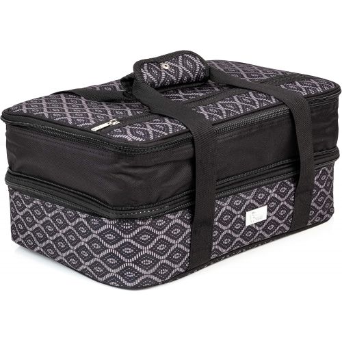  Pursetti Casserole Carrier - Expandable Insulated Bag Perfect as Lasagna & Pie Carrier for Potluck, Family and Holiday Parties (Black Trellis w/Black Accent)