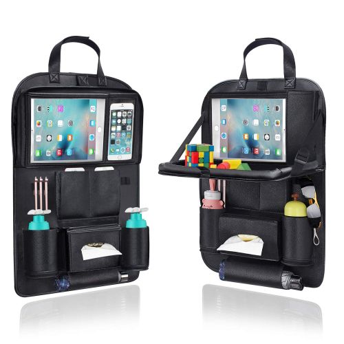  Pushingbest Back Seat Car Organizer, Car Organizer for Kids Toy Bottles Storage Foldable Dining Table Clear Tablet Holder Family Road Trip Accessories (Black 1PC)