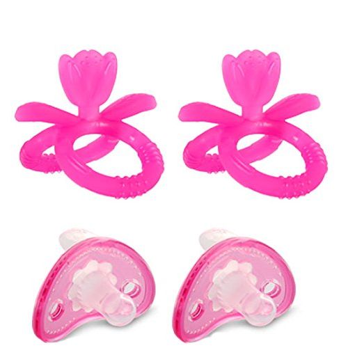  Putti Atti Set of 2 Silicone Flower Teethers and 2 Large Pacifiers, Pink