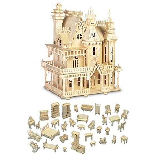  Puzzled Bundle of Furniture Set & Fantasy Villa Doll House Wooden 3D Puzzles Construction Kits, Educational DIY Playhouse Toys Assemble Unfinished Wood Craft Hobby Puzzles to Build