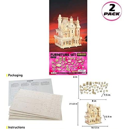  Puzzled Bundle of Furniture Set & Fantasy Villa Doll House Wooden 3D Puzzles Construction Kits, Educational DIY Playhouse Toys Assemble Unfinished Wood Craft Hobby Puzzles to Build
