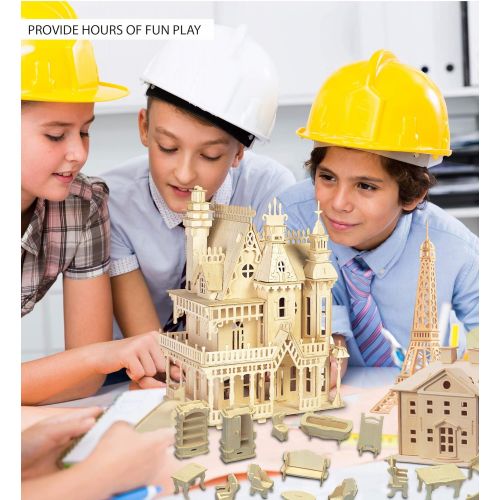  Puzzled Bundle of Furniture Set & Fantasy Villa Doll House Wooden 3D Puzzles Construction Kits, Educational DIY Playhouse Toys Assemble Unfinished Wood Craft Hobby Puzzles to Build