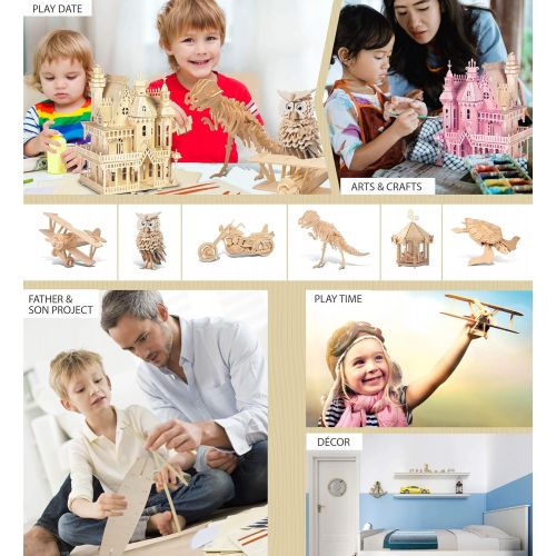  Puzzled Bundle of Furniture Set & Fantasy Villa Doll House Wooden 3D Puzzles Construction Kits, Educational DIY Playhouse Toys Assemble Unfinished Wood Craft Hobby Puzzles to Build