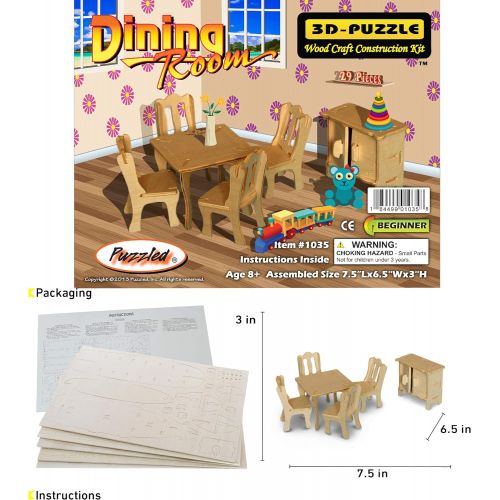  Puzzled 3D Puzzle Dining Room Dollhouse Set Wood Craft Construction Model Kit, Fun & Educational DIY Wooden Toy Assemble Model Unfinished Crafting Hobby Puzzle to Build & Paint for