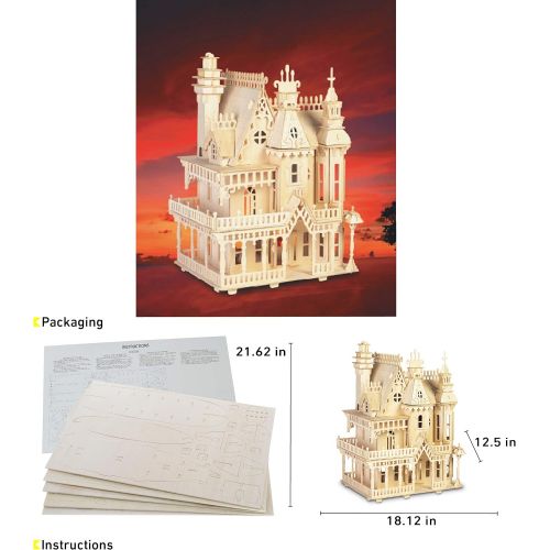  Puzzled 3D Puzzle Fantasy Villa Dollhouse Set Wood Craft Construction Model Kit, Fun & Educational DIY Wooden Toy Assemble Unfinished Craft Hobby Puzzle to Build and Paint for Deco