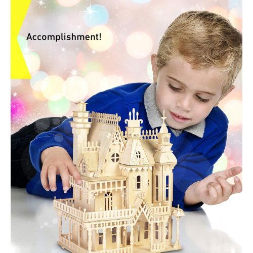  Puzzled 3D Puzzle Fantasy Villa Dollhouse Set Wood Craft Construction Model Kit, Fun & Educational DIY Wooden Toy Assemble Unfinished Craft Hobby Puzzle to Build and Paint for Deco