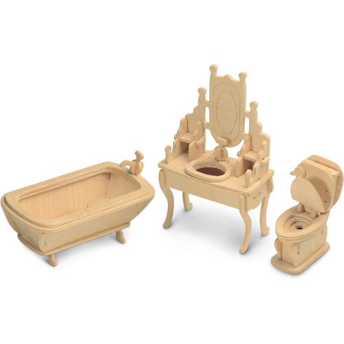  Puzzled 3D Puzzle Bathroom Dollhouse Furniture Set Wood Craft Construction Model Kit, Fun & Educational DIY Wooden Toy Assemble Model Unfinished Crafting Hobby Puzzle to Build & Pa