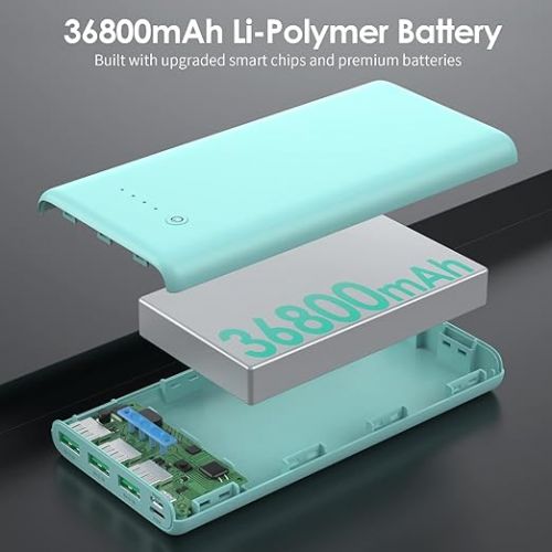  Portable Charger 36800mAh,4 Outputs Power Bank, Dual Input 5V/3A External Battery Pack,USB-C in&Out High-Speed Charging Backup Charger Compatible with iPhone 15/14/13,Samsung Android Phone etc-Green