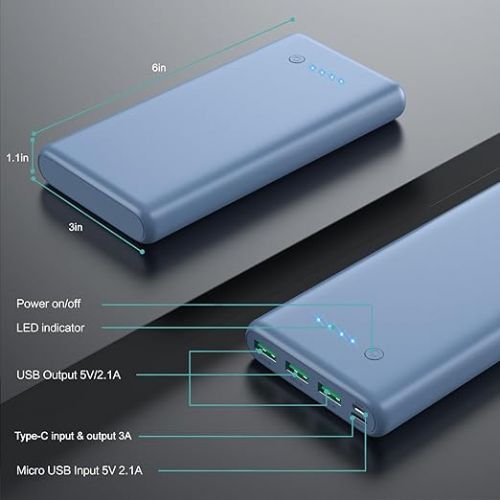  Portable Charger 36800mAh,4 Outputs Power Bank, Dual Input 5V/3A External Battery Pack,USB-C in&Out High-Speed Charging Backup Charger Compatible with iPhone 15/14/13,Samsung Android Phone etc-Blue