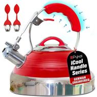 Pykal Retro Whistling Tea Kettle for Stove Top - 2.8 QT - Red Vintage Stainless Steel Tea Pot w/ iCool Handle Technology - Teapot for Stovetop Induction or Gas