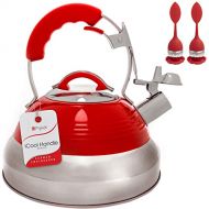 [아마존베스트]Pykal The Red Hotness Whistling Tea Kettle with iCool-Handle Technology and 2 x Free Loose Tea Infusers, Surgical Stainless Steel, Compatible on all Stovetops - Induction or Gas, 2.8 QT