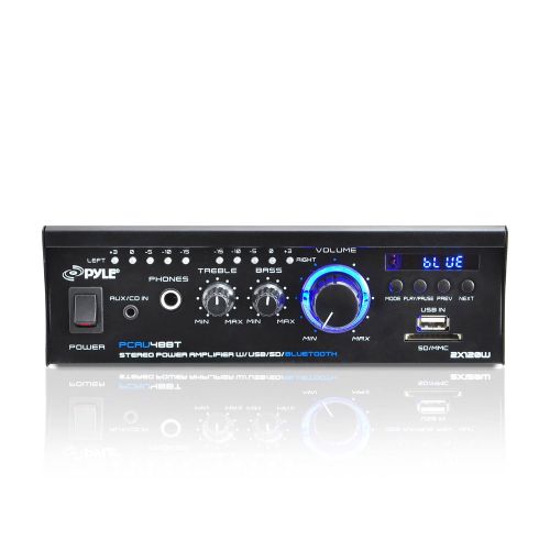  Pyle PCAU48BT - Bluetooth Mini Blue Series Stereo Power Amplifier, 2 x 120 Watt, USB Charge Port, USBSD Memory Card Readers, RCA and AUX (3.5mm) Input Connector Jacks, Remote Cont