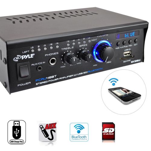  Pyle PCAU48BT - Bluetooth Mini Blue Series Stereo Power Amplifier, 2 x 120 Watt, USB Charge Port, USBSD Memory Card Readers, RCA and AUX (3.5mm) Input Connector Jacks, Remote Cont