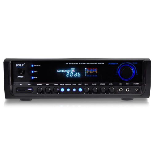  Pyle Home Theater BT Stereo Receiver, Aux (3.5mm) Input, MP3USBSDAMFM Radio, (2) Mic Inputs, 300 Watt