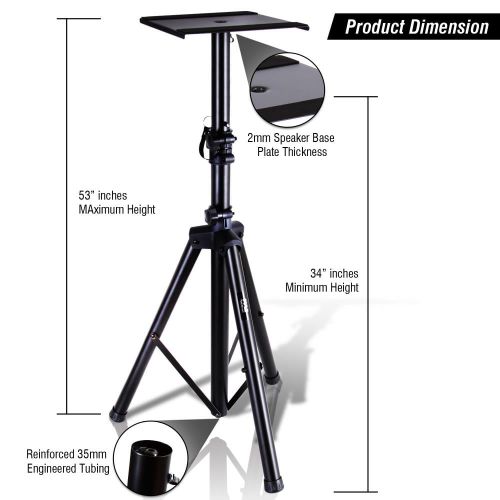  Pyle Dual Studio Monitor 2 Speaker Stand Mount Kit - Heavy Duty Tripod Pair and Adjustable Height from 34.0 to 53.0 w Metal Platform Base - Easy Mobility Safety PIN for Structural