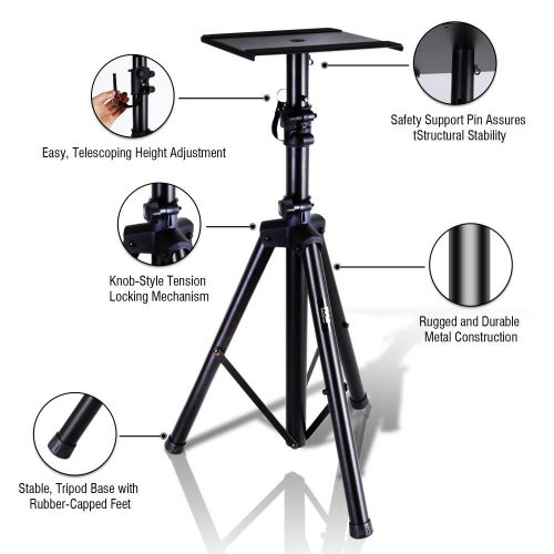  Pyle Dual Studio Monitor 2 Speaker Stand Mount Kit - Heavy Duty Tripod Pair and Adjustable Height from 34.0 to 53.0 w Metal Platform Base - Easy Mobility Safety PIN for Structural