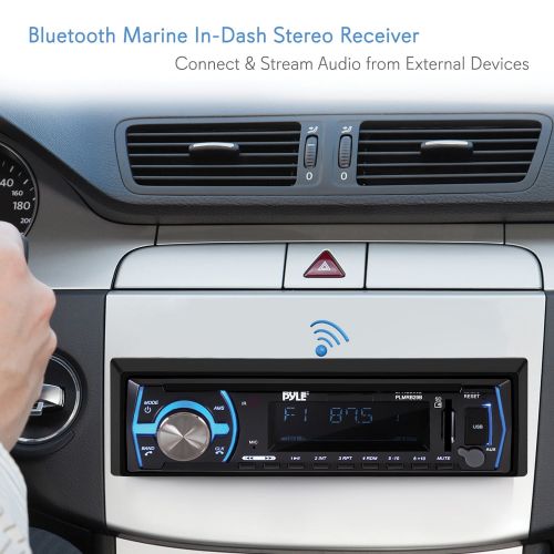  Pyle PYLE PLMRB29B - Marine Bluetooth Stereo Radio - 12v Single DIN Style Boat in Dash Radio Receiver System with Built-in Mic, Digital LCD, RCA, MP3, USB, SD, AM FM Radio - Remote Cont